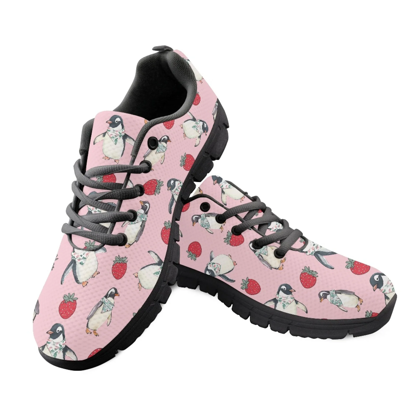 Women Flats Sport Casual Running Jogging Shoes Pink Penguin Print Mesh Woman Sneakers Summer Breathable Student Ladies Footwear