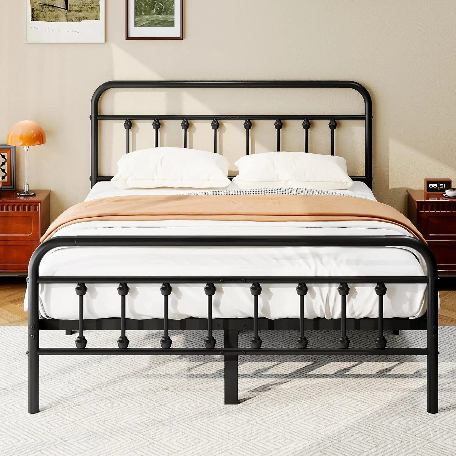 Queen Size Metal Platform Bed Frame/Victorian Style Headboard and Footboard/Steel Slat Support/Easy