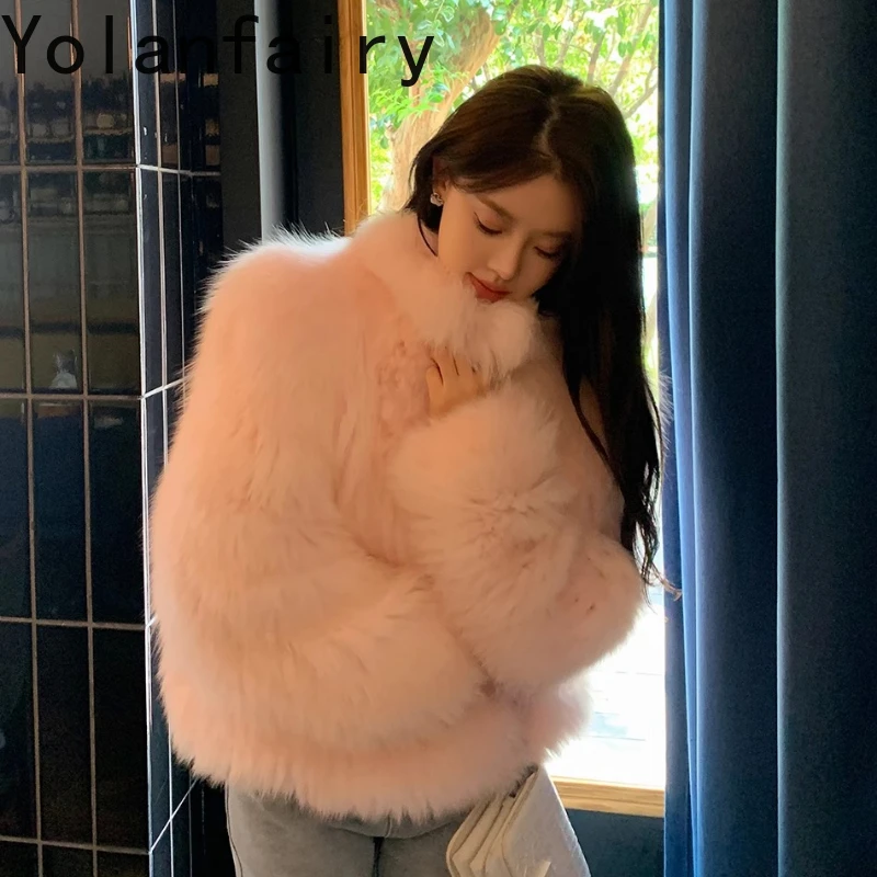 

YOLANFAIRY Осенне-зимний пуловер с капюшоном в стиле меха Финского лисы с воротником-стойкой и длинными рукавами шуба женская 2025