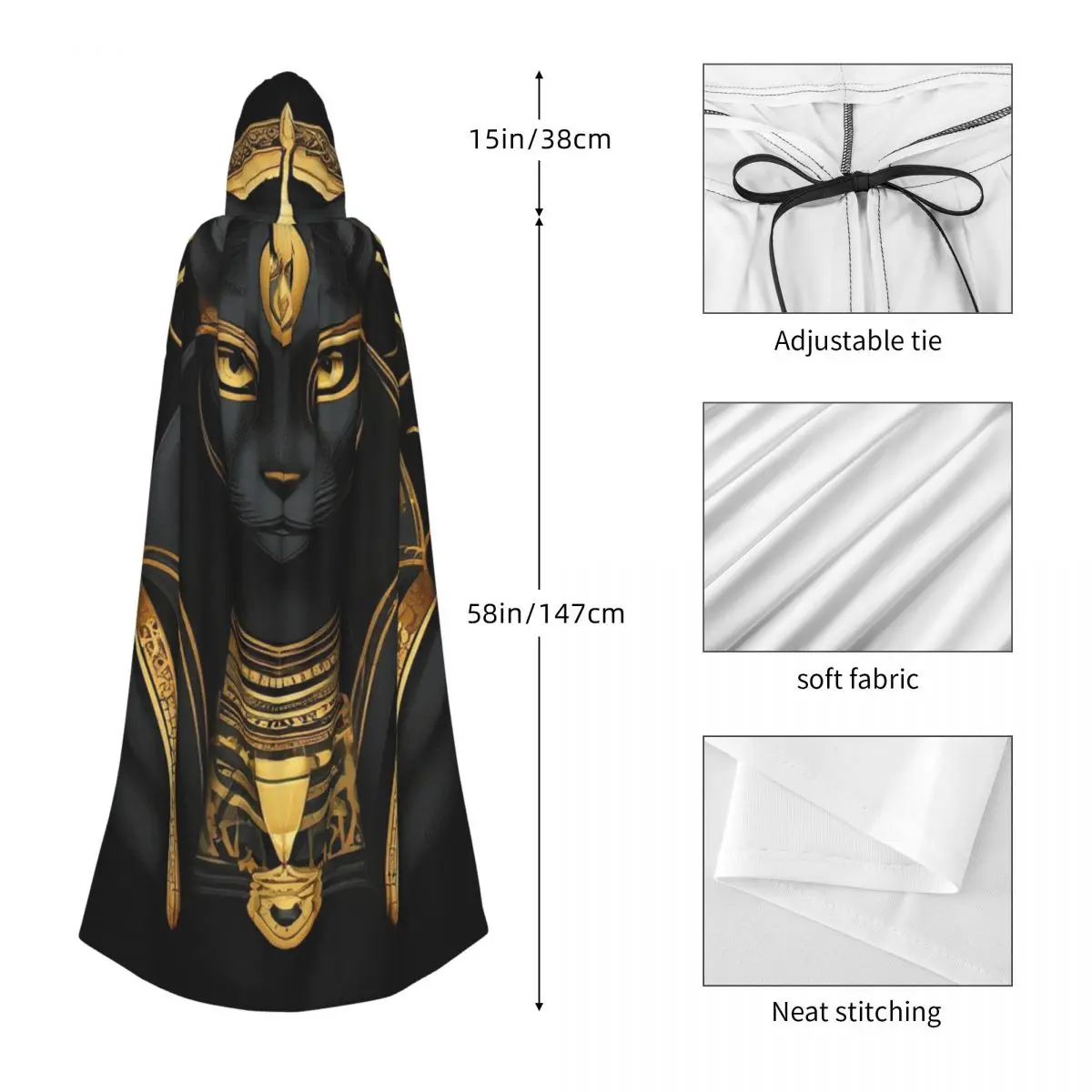 Vintage Egyptian Cat Goddess Bastet Long Hooded Cloak Witch Medieval Costume Cosplay Cape HalloweenCoat Adult Unisex - view 3