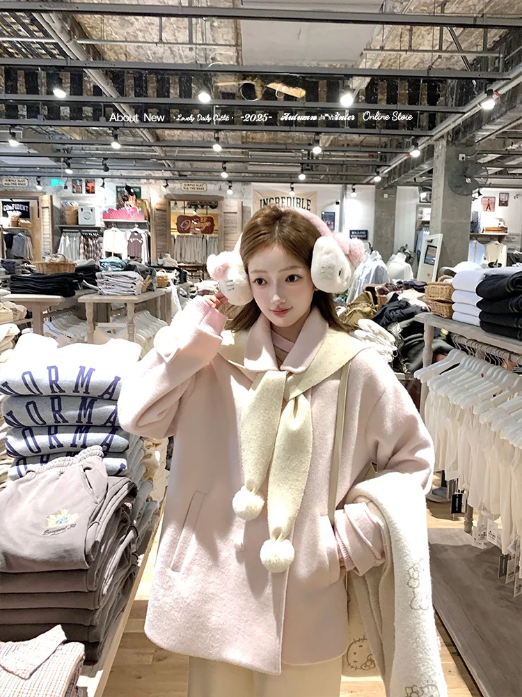 

Acaine Pink Rabbit Ear oulder Wrap Woolen Coat Women's Winter Loose Slimming Sweet Woolen Jaet Fem Faion Outerwear