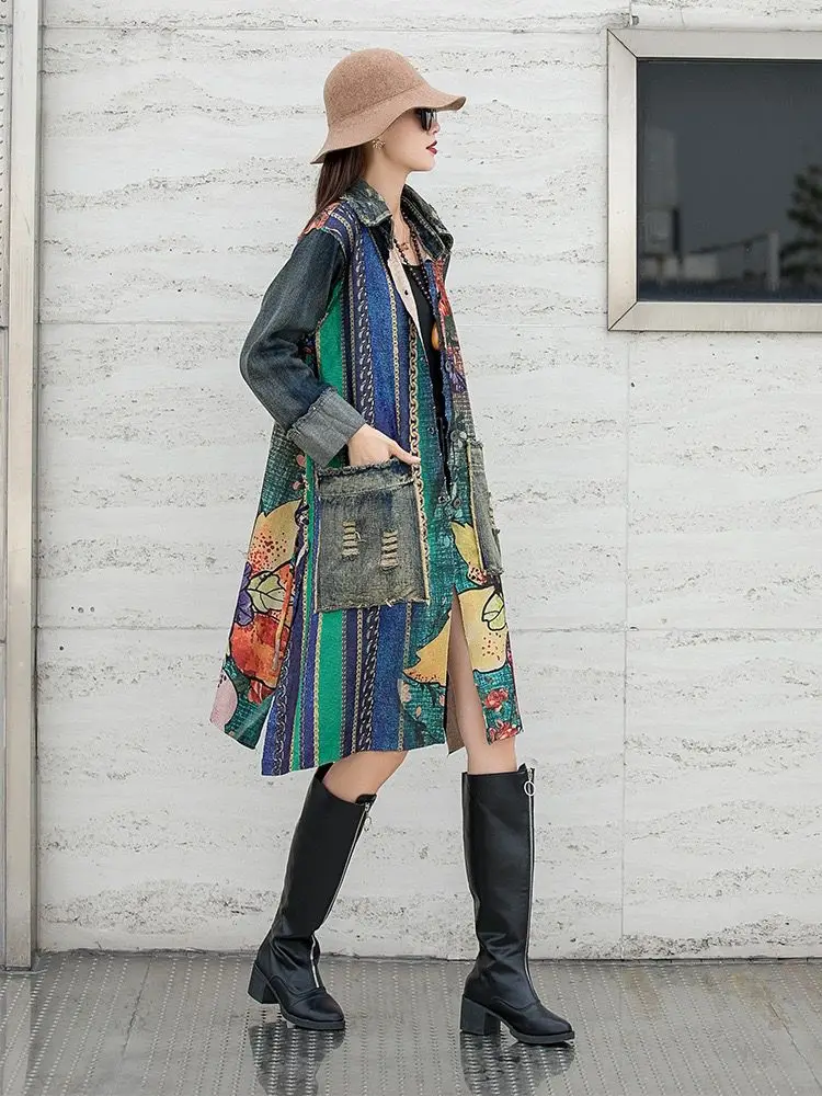 Fashionable Versatile Colorful Printed Patchwork Distressed Denim Jacket Women Lapels Cardigan Side Straps Medium Length LX1711