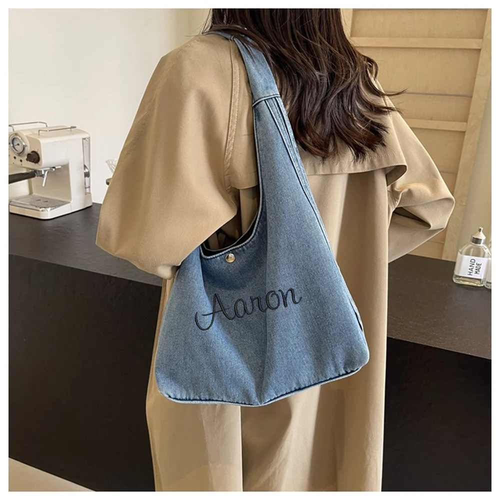 Customized Vintage Washed Denim Bag, 2024 New Fashionable Casual Large Capacity Embroidered Shoulder Bag, Handbag