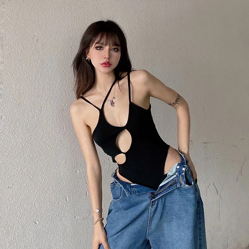 Women Vintage V-neck Jumpsuits Backless New Summer Outfits 2000s Aesthetic Sexy High Cut Hollow Out Bodycon Y2K Skinny Bodysuits