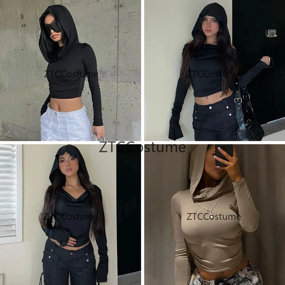 

Cosplay Hooded Crop Top Long Sleeve Y2K Tee Harajuku Streetwear Casual Rave Outfit Women Fashion T Shirt