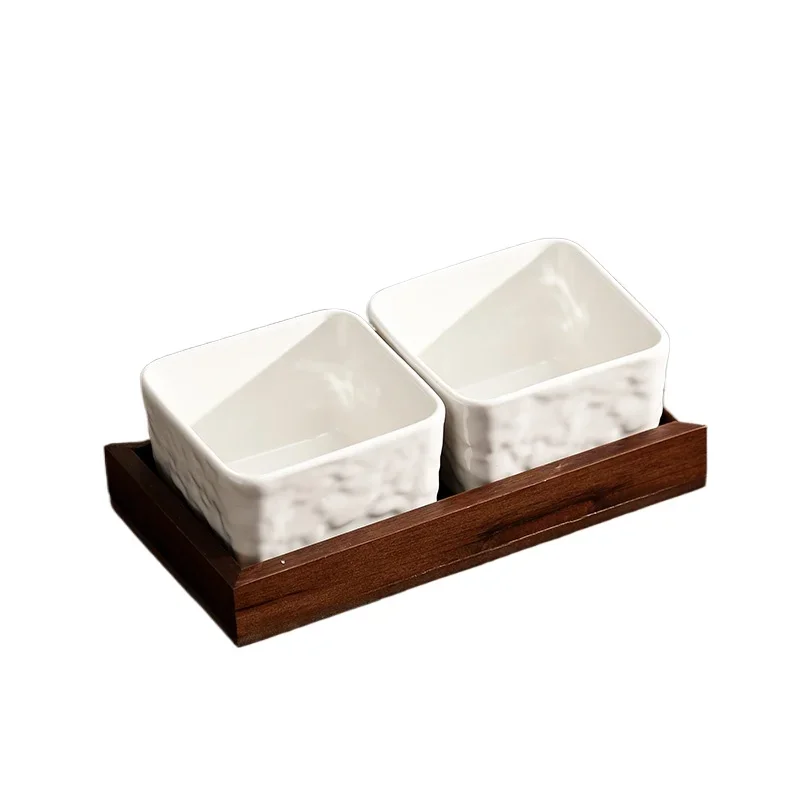 Modern Nut Candy Biscuit Fruit Plate Home Ceramic Grid Snack Plate Exquisite White Square Bowl with Wooden Tray Home Decoration