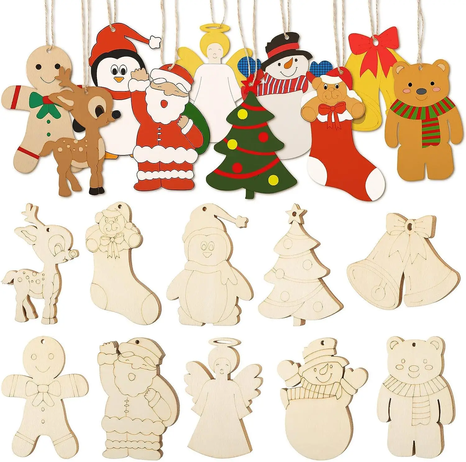 30Pcs Christmas Wooden Ornaments Reindeer bells Natural Wood Xmas Tree Assorted Farmhouse Hanging Ornaments Party Decor