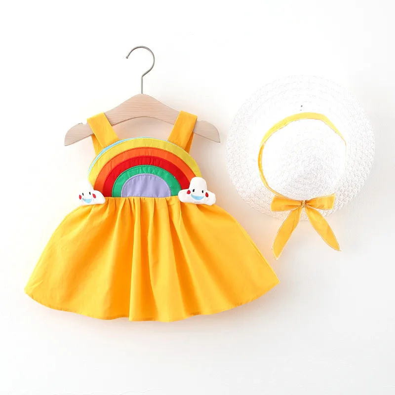 2 stücke Sommer Baby Mädchen Kleidung ärmellose Regenbogen Schlinge Kleid für Mädchen Neugeborenen Strand Kleinkind Kinder kleidung Set + Hut