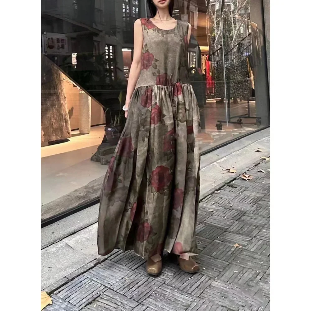 Dark Classic Elegant Rose Print Sleeveless Round Neck Long Dress 2Colors