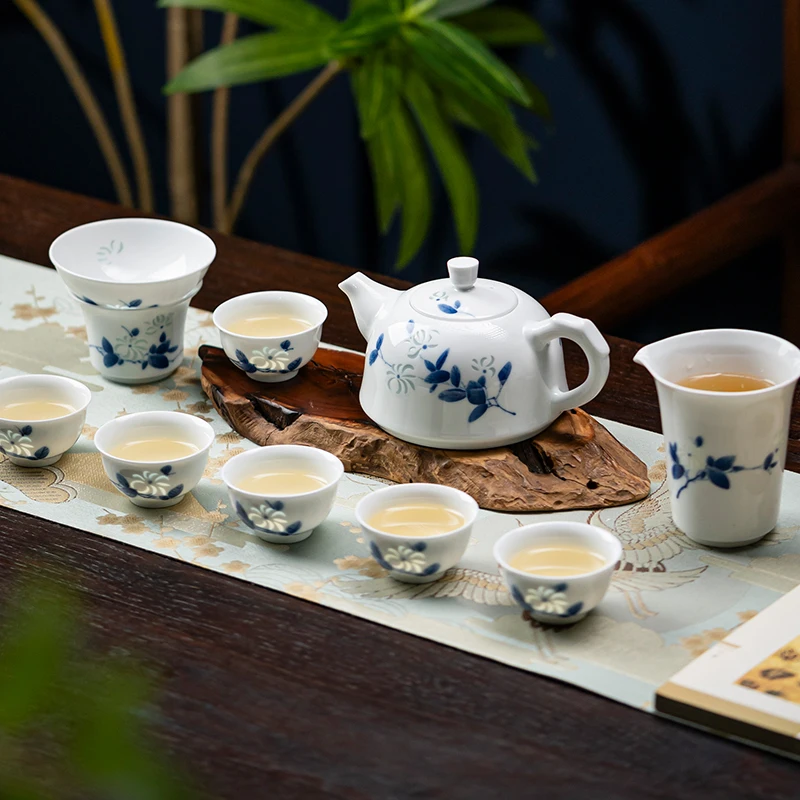 Exquisite Handpainted Blue and White Ceramic Teaware Set with Tea Pot and Cups for Home Use