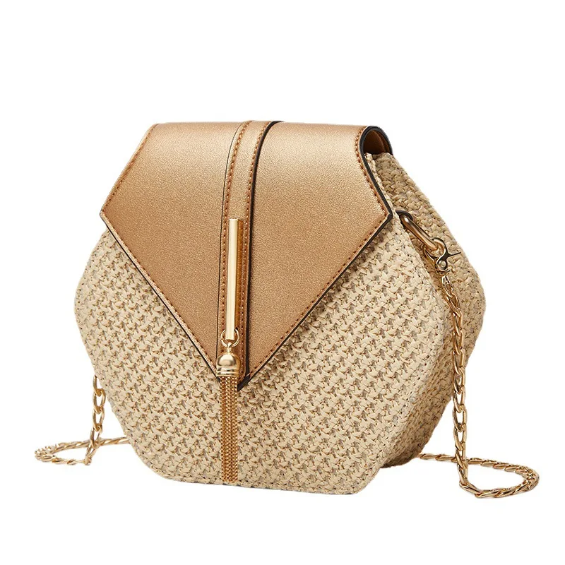 

Hexagon Shape Straw PU Leather Handbag Women Summer Rattan Bag Handmade Woven Beach Bohemia Chain Strap Shoulder Crossbody Bags