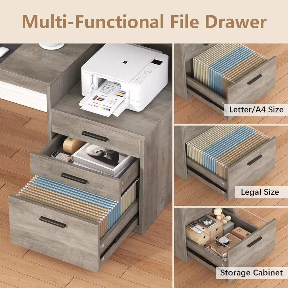 65 Grey Executive Desk with 3 Drawers, Storage Shelves, Monitor Stand, and Printer Shelf