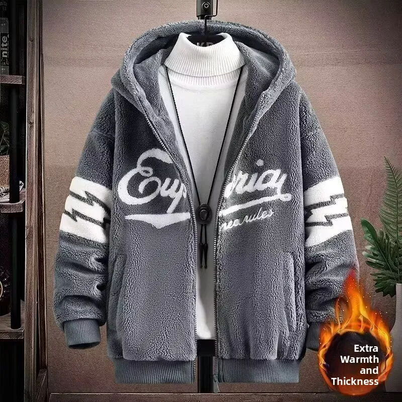

Lamb Fur Lined Thiened Hooded Cotton Jaet for Men Winter Warm Youth Casual Sle Stand Fit Polyester Fiber Fill Coat