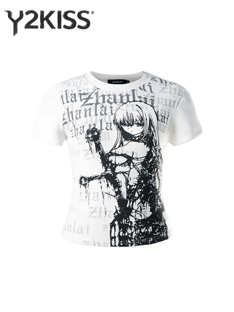 Summer Women Y2k Shorts Sleeve Top 2000s Aesthetic O-Neck T-Shirt Gyaru Tees Gothic Harajuku Dark Academia Print Top Tide New