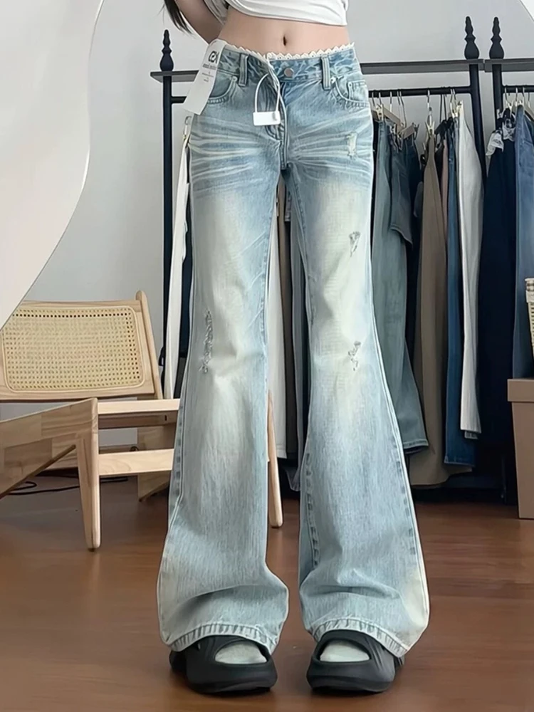 

Low Waist Lace Splicing Straight Leg Slimming Ankle Length Women's Bell Bottom Jeans Commute Versatile Wide Leg Long Pants