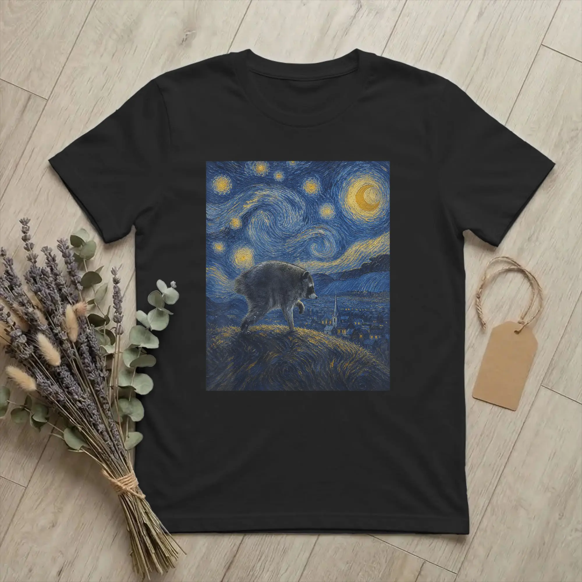 Jimothy Raccoon Starry Night Van Gogh Art T-Shirts Men Seattle Meme Cool Pure Cotton Tee Shirt Round Neck T Shirts Printed Tops