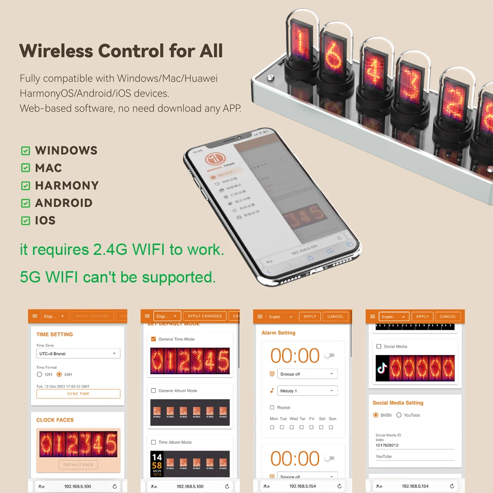 Luxury Original Version WIFI Control IPS Nixie Tube Alarm Clock with Colorful RGB Light, DIY Clock Faces and Pictures. Gift Idea