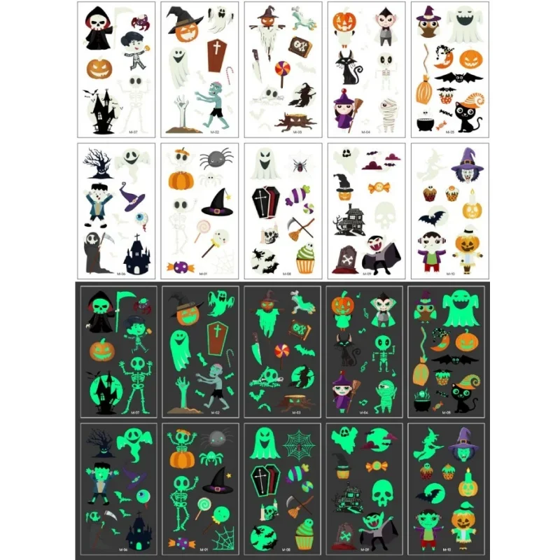10 قطعة/المجموعة هالوين المؤقتة وهمية الوشم ملصقات للأطفال الفتيات الفتيان اليقطين الجمجمة توهج في الظلام الوشم اليد الوجه الجسم