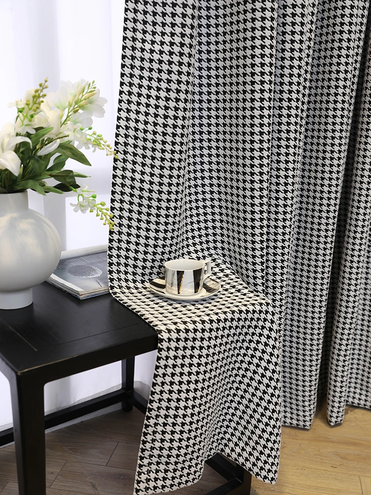 Qianniao Grid Ins Simple Chenier Black and White Grid Sunshade Cloth Curtains for Living Dining Room Bedroom