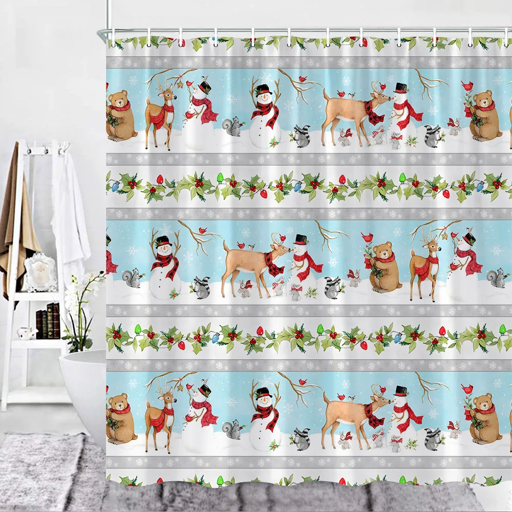 

Funny Christmas Shower Curtain Cartoon Snowman Deer Pine Berry Print Bathroom Curtain Bath Decor Winter New Year Screen Fabric