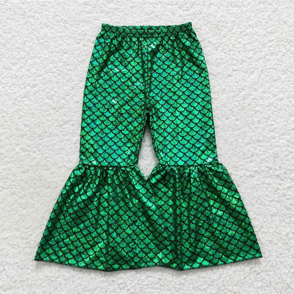 Sprzedaż hurtowa dziewczynki zielona syrenka spodnie holograficzne Spandex dzieci maluch spodnie rozszerzane niemowlę miękka odzież
