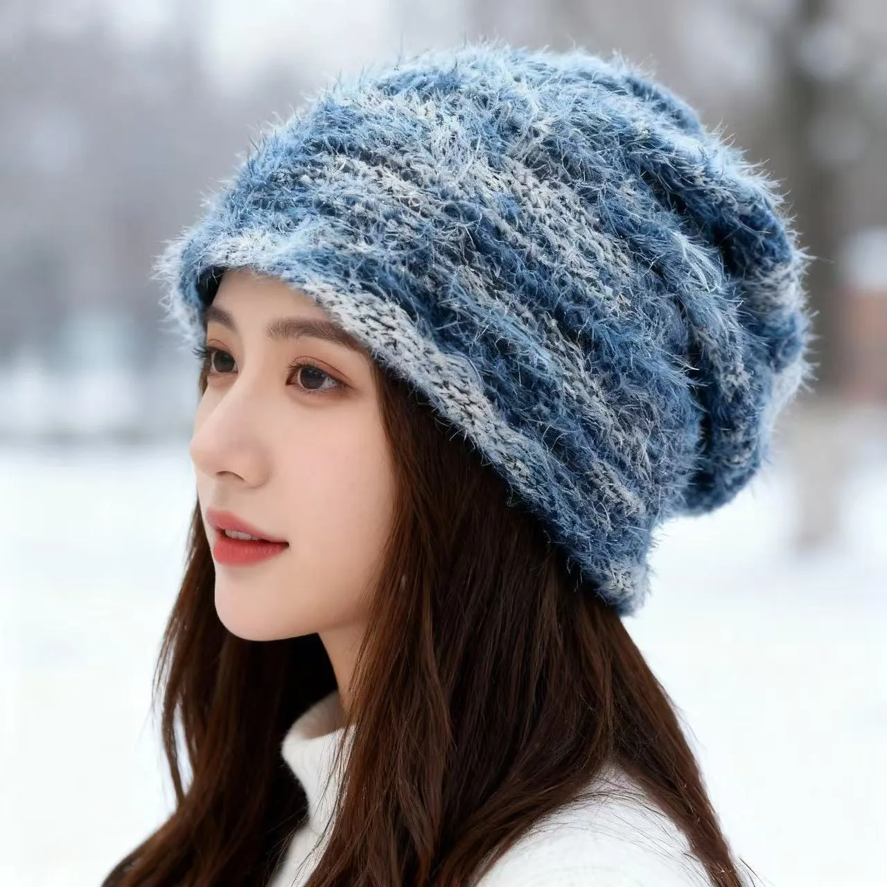 

Trendy Japanese Style Striped Knitted Baotou Hat - Women's Winter Big Head Circumference Warm Ear Protection Versatile Cap