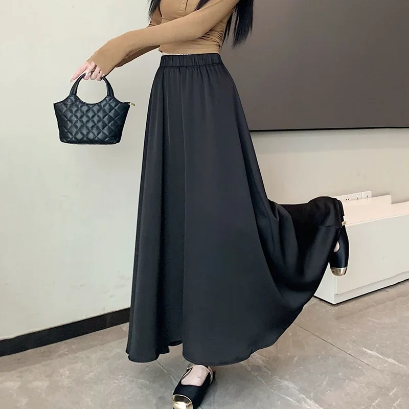 ファッションエレガントなプリーツスカートの女性 2025 新しい夏のアイスシルク固体カジュアルロングスカート女性ハイウエストすべて一致パーティースカート