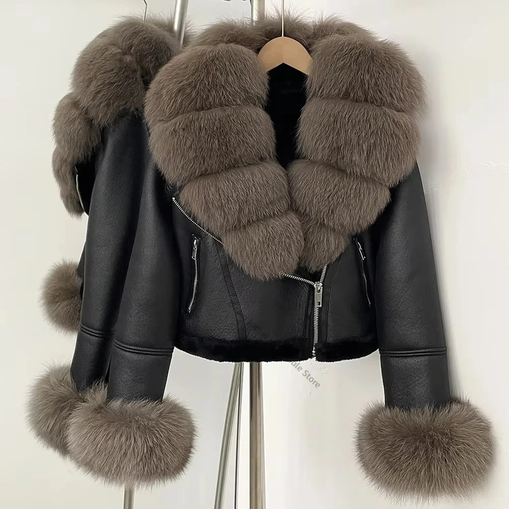Winter Oversized Real Fur Jacket Women Warm Cuffs Clothes Short Faux Leather Fake Fur Inner Jacket Thick Female Fox Fur Coat