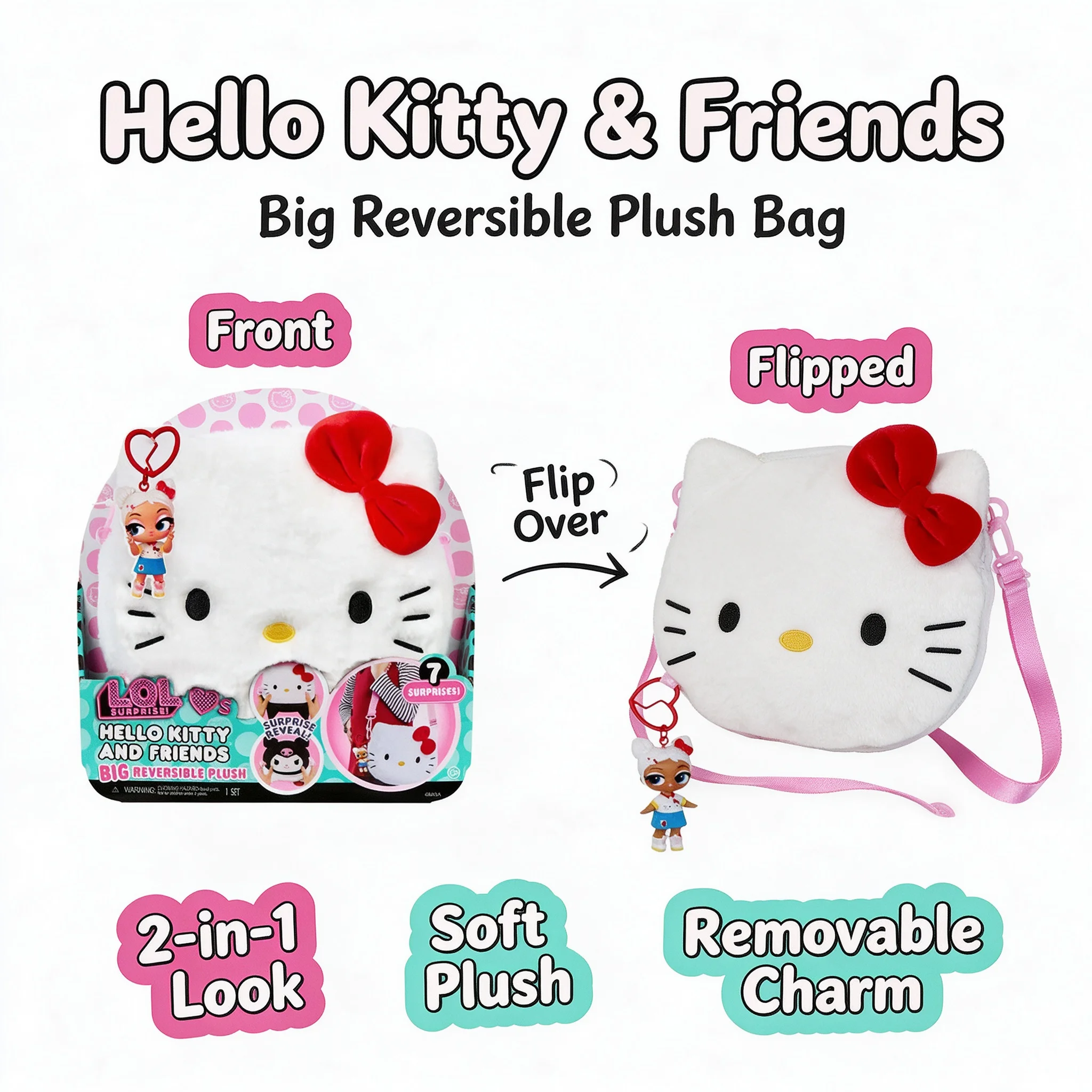 MGA L.O.L. Surprise Loves Hello Kitty Große Wendbare Plüsch-Handtasche Blind Box Flauschige Umhängetasche Sanrio Sammlerpuppe Geschenk