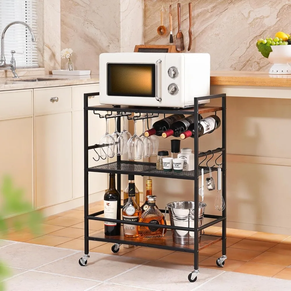 

Bar cart on wheels, 3-tier rolling kitchen cart with wine rack and glass rack, family bar and service cart with hook