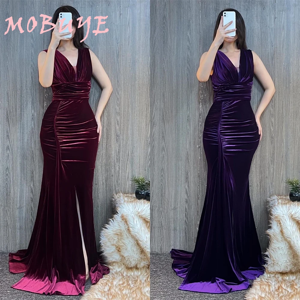 MOBUYE 2024 Popular V Neckline Prom Dress Floor-Length With Short Sleeves Evening Fashion Elegant Party Dress For Women