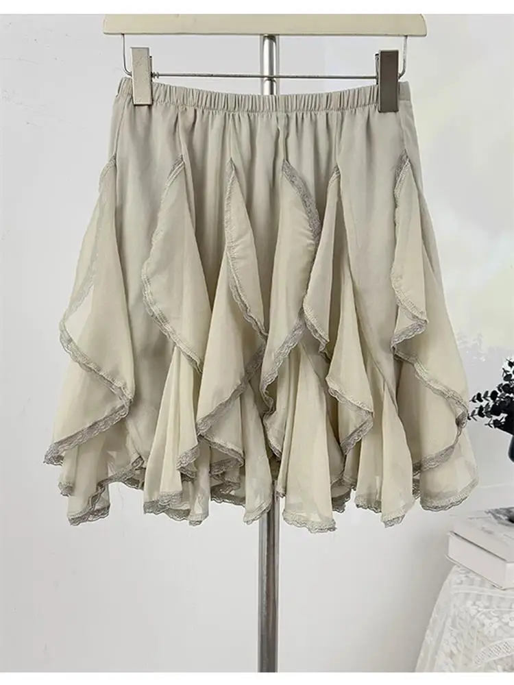Early Autumn Atmosphere Sense Asymmetrical Lace Trim Splicing Half Skirt Women's Elastic High Waist Slimming Short A-Line Skirt
