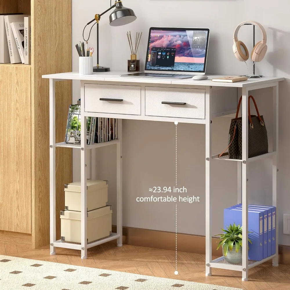 White Computer Desk with Drawers, 37.3 Inch Home Office Work Desk with Storage Shelf, Kids Teens Study Table for Small Space, Sm