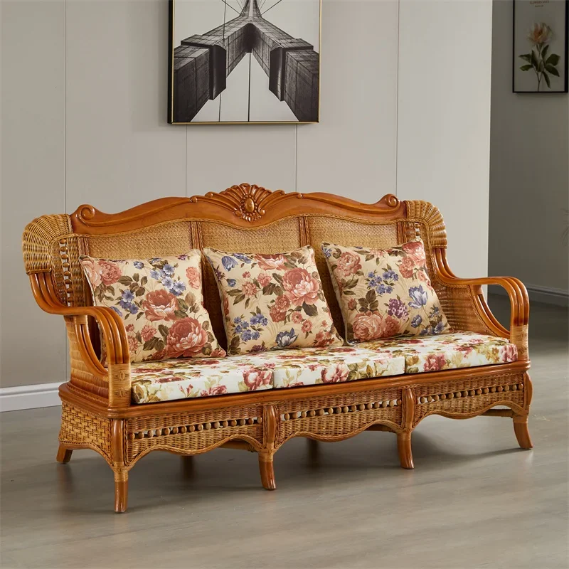 Natural rattan art three-person sofa hand-woven living room sofa environmentally friendly and breathable modern simple rattan