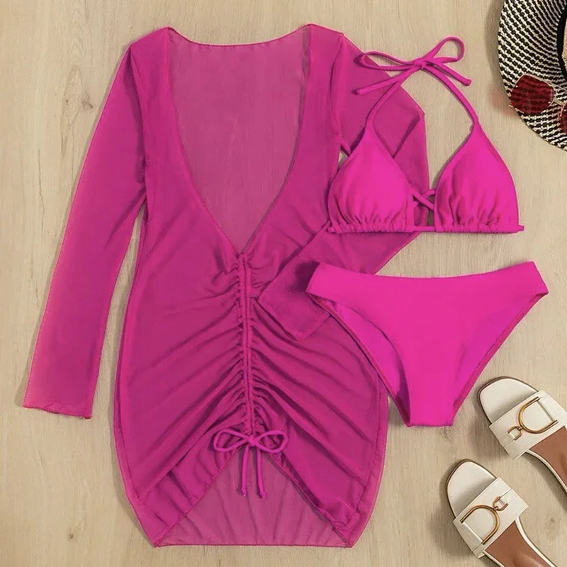 Sexy Badeanzug für Damen, 3-teilig, Push-Up, Neckholder, Dreieck, Tanga, Bikini, Netzstoff, langärmelig, Kordelzug, Vertuschung, Strand-Badeanzug