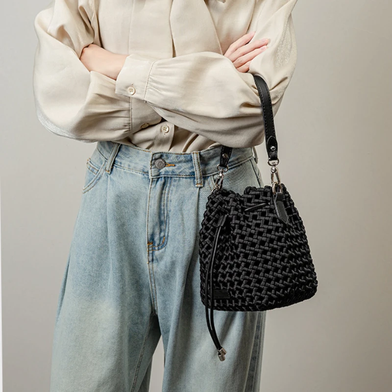 Windmill Knot Handbag Hand-woven Mini Shoulder Bag For Women Woven Desinger Solid Color Bucket Bag High Quality Crossbody Bags