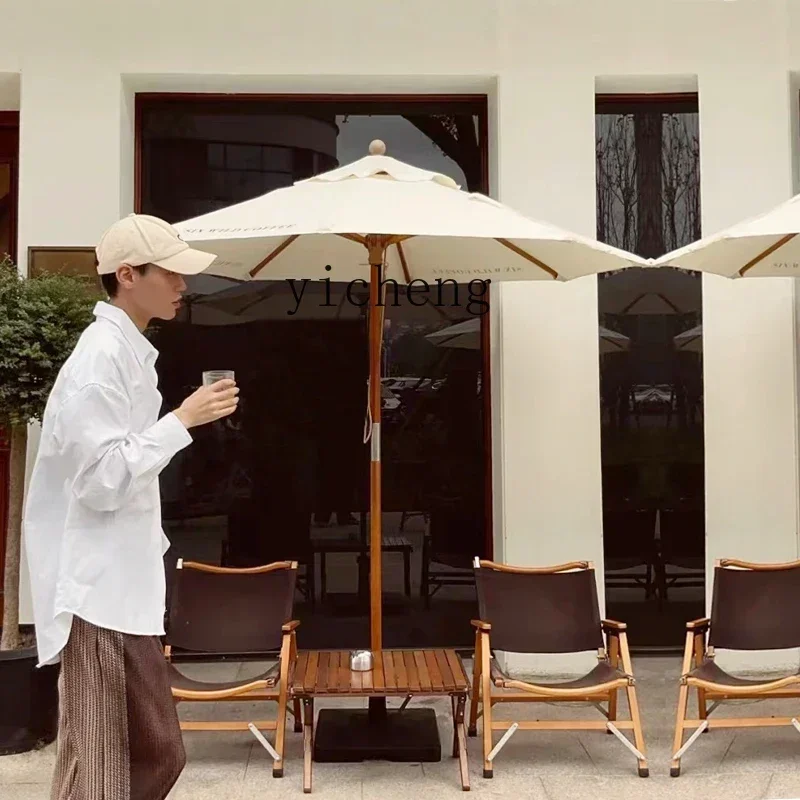 YFY  Outdoor Garden Umbrella Solid Wood Leisure Cafe  White Round  Outdoor Sun Umbrella