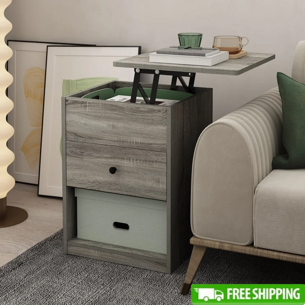 

Lift Top Nightstand with Hidden Storage Small Spaces Dorms Apartments Easy Assembly CARB Composite Wood Grey Finish