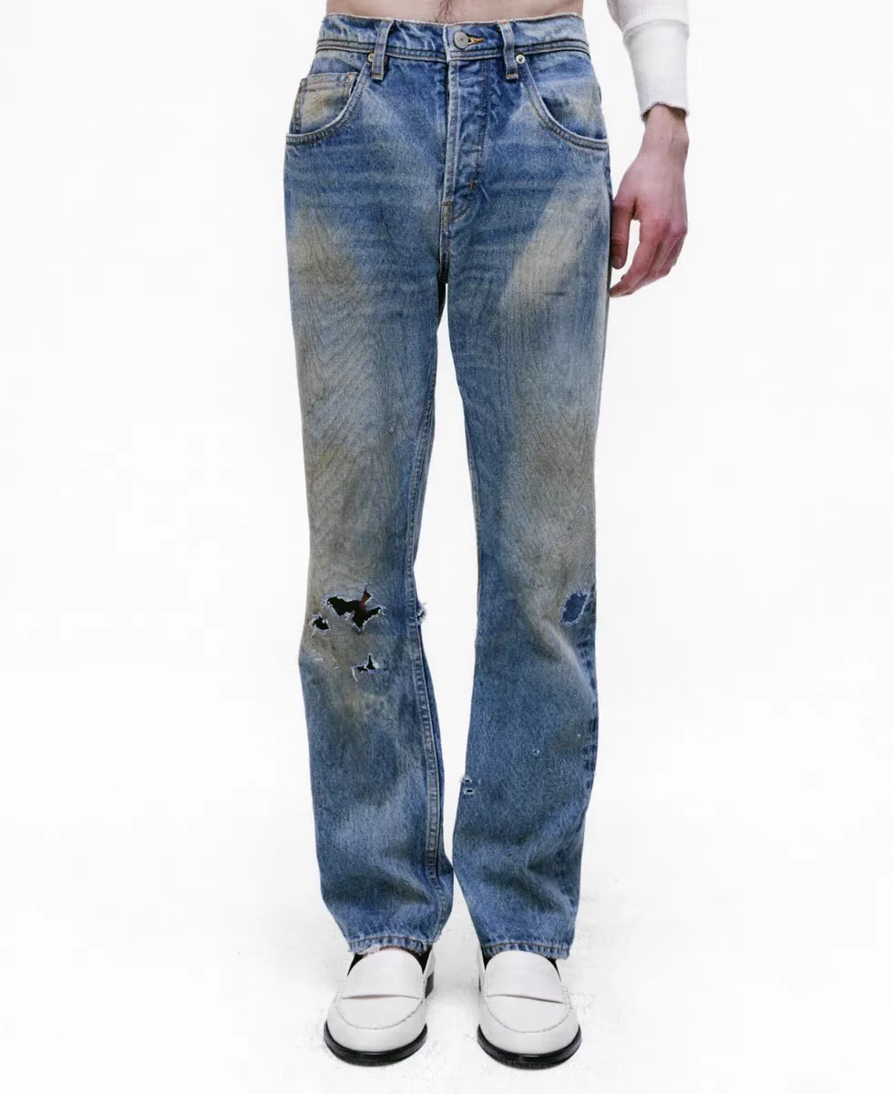 

ERD25SS Straight Leg Distred Denim Jeans Mud Dyeing Waed out Second Generation Rich Youth Casual Loose Fit Jeans