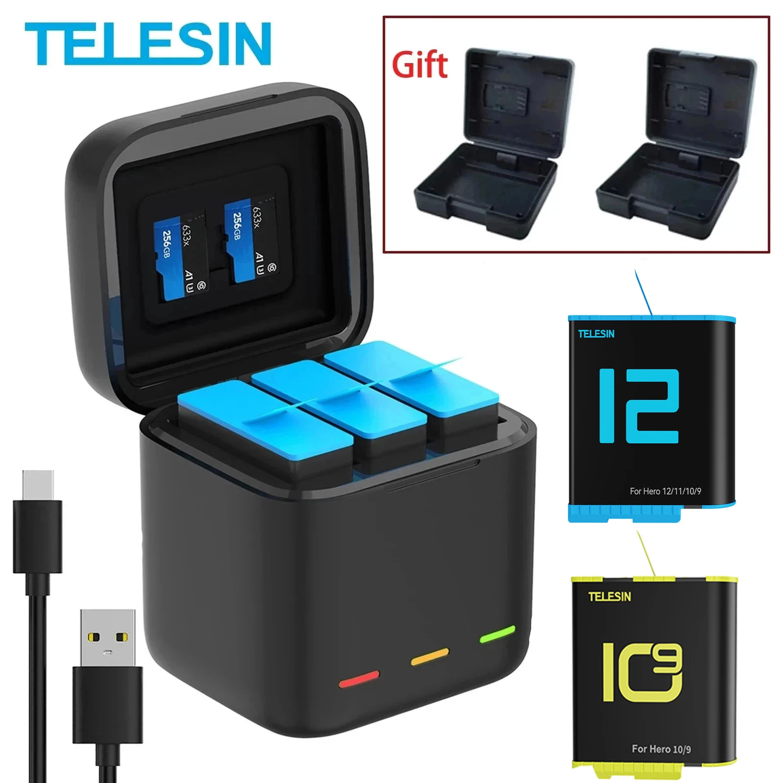 TELESIN Multifuction 3-way Battery Charger Storage Charging Box With Batery For GoPro Hero 12 11 10 9 Action Camera Accessory