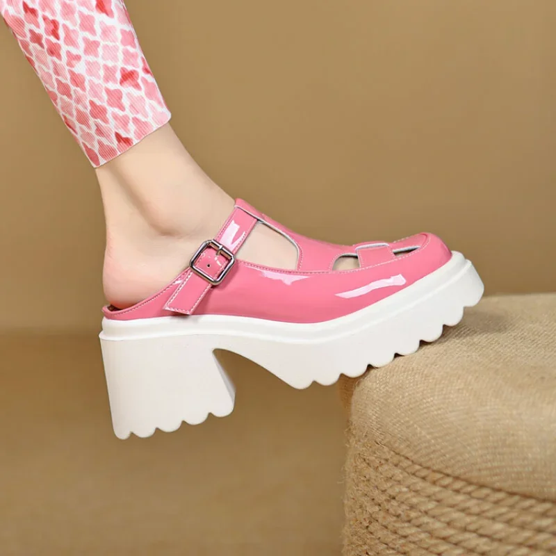 Patent Leather Women Mules Slippers Pink Black High Heels Sandals Female Slip On Casual Summer Outside Ladies Slides Shoes