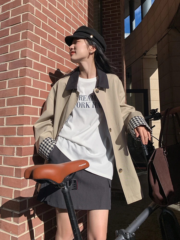 

Женское длинное пальто из твида с узором, весенний сезон, с отложным воротником, комбинированное, ветрозащитное, верхняя одежда Ele Meti