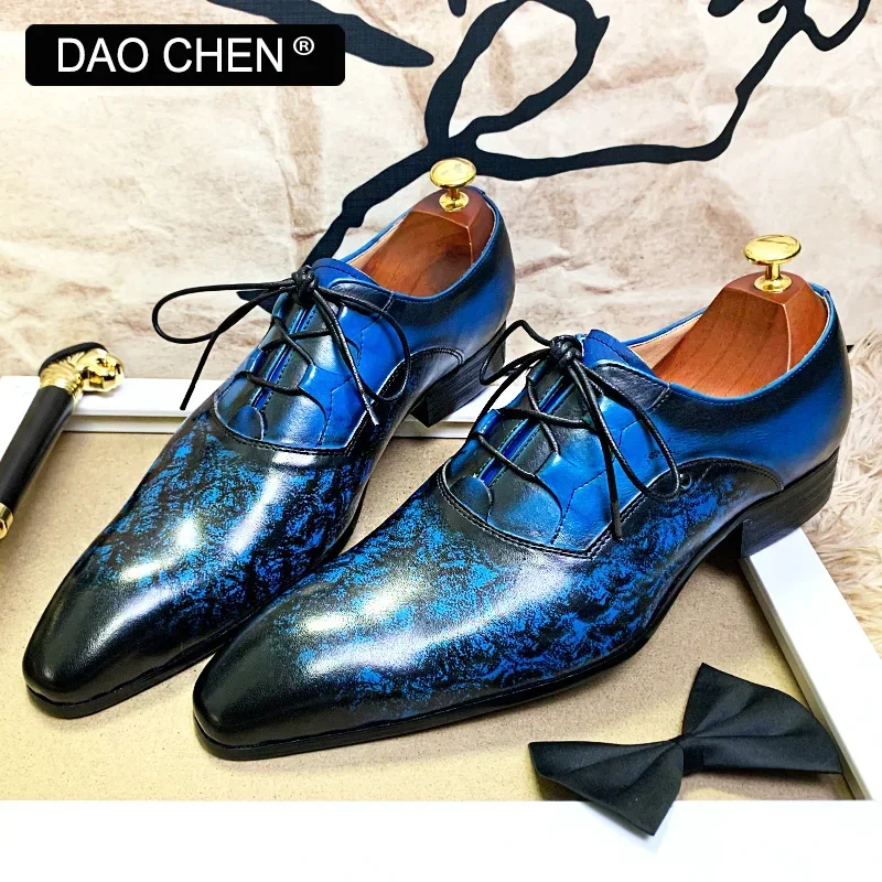 LUXURY BRAND MEN\'S OXFORD SHOES BLACK BLUE LACE UP POINTED TOE CASUAL MENS DRESS SHOES PARTY WEDDING LEATHER SHOES MEN