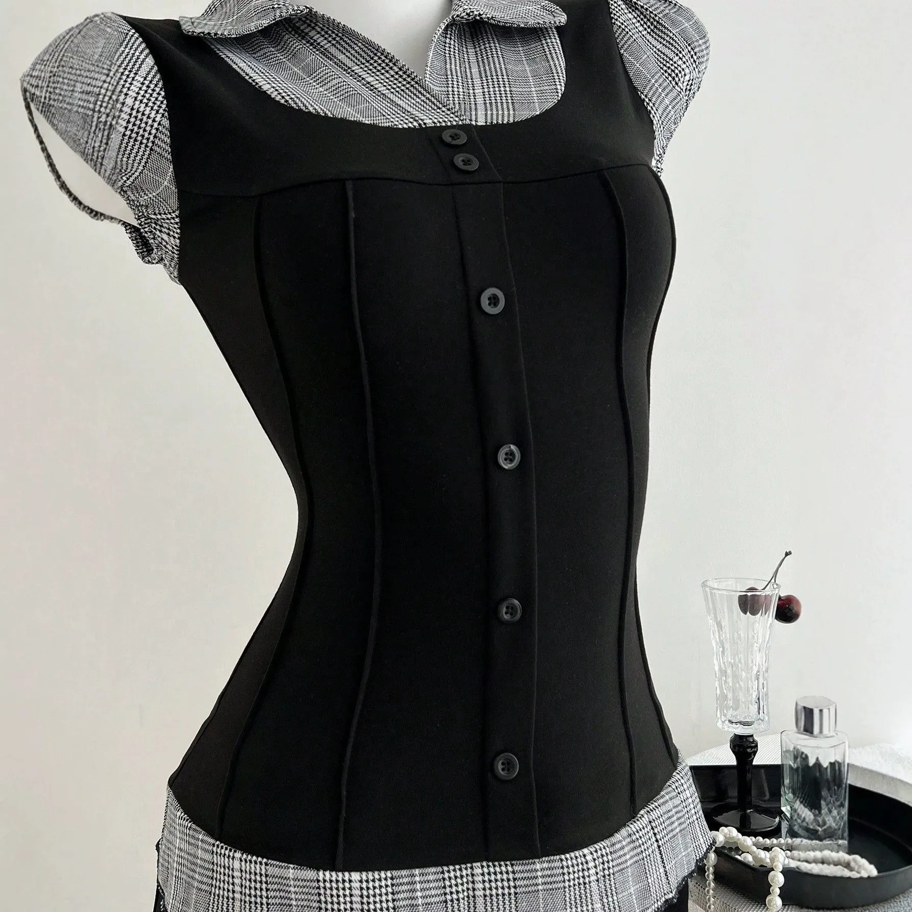 Slim Fit Short Sleeve Set with Patchwork T Shirt Western Style Streetwear Standard Length Notched Collar Sexy Summer for Women