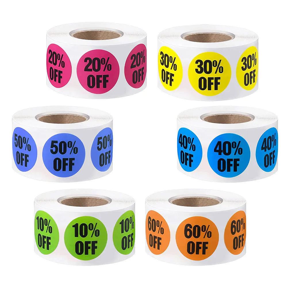 

3000Pcs Percent Discounts Labels 10 to 60 Adhesive Waterproof Sale Stickers Multicolor Round Price Tags for Retail Supermarkets
