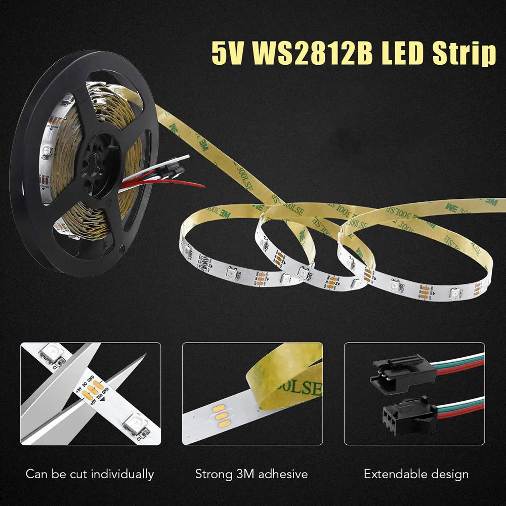 WS2812B WS2812 Strip Led piksel, setrip LED 5V fleksibel Digital dengan pita perekat 30/60/74/96/144 piksel/Led/M