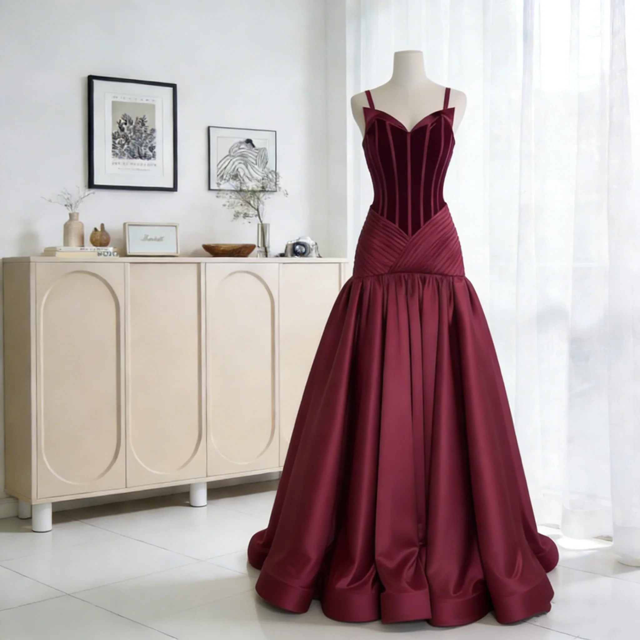 

Burgudny Satin Prom Dresses Off Shoulder Sleeveless Bones Princess Ball Gowns Backless Formal Evening Dress Customized