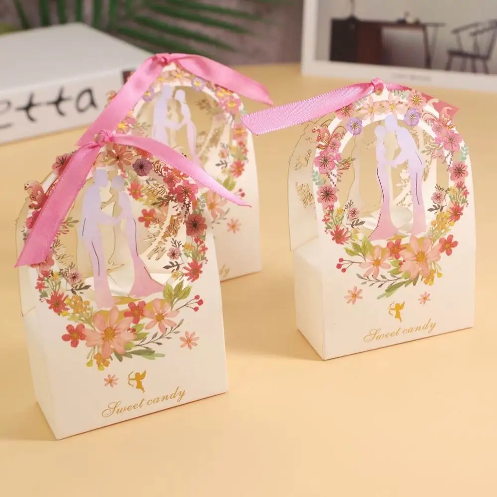 100Pcs Gift Box Packaging Wedding Sweet Candy Bride & Groom Flower Thank You Box for Guest Wedding Dragee Bonbonniere Gifts