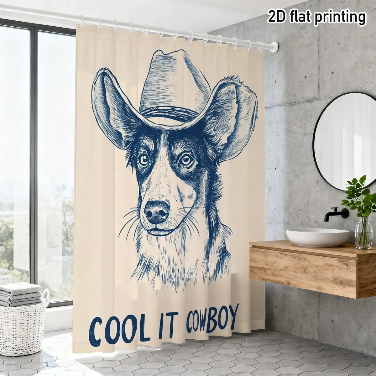 Cool It Cowboy Dog Shower Curtain, Blue Sketch Print Waterproof Bathroom Decor, Western Farmhouse Pet Lover Home Bath Screen