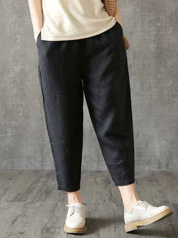 Pantalon en coton fin pour femme, longueur mollet, mode coréenne, taille haute, pantalon Haren, taille élastique, vêtements FjStreetwear